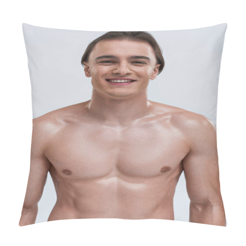 Personality  Cheerful Alluring Young Male Model Posing Topless And Smiling Happily At Camera On Gray Backdrop Pillow Covers