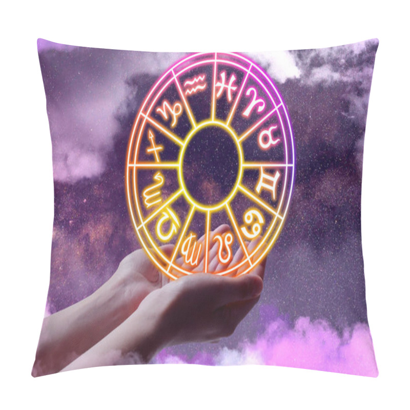 Personality  Astrology. Woman Holding Zodiac Wheel Against Starry Night Sky With Clouds, Closeup Pillow Covers