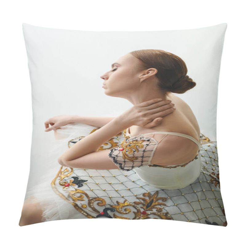 Personality  A Young Woman In A White And Gold Dress Gracefully Holds Her Hands On Her Chest. Pillow Covers