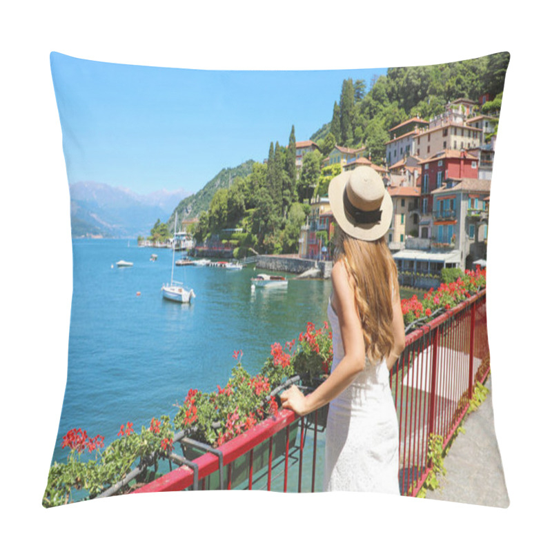 Personality  Holidays On Lake Como. Back View Of Beautiful Fashion Girl Enjoying View Of The Walk Of Lovers In Varenna, Lake Como. Summer Vacation In Italy. Pillow Covers