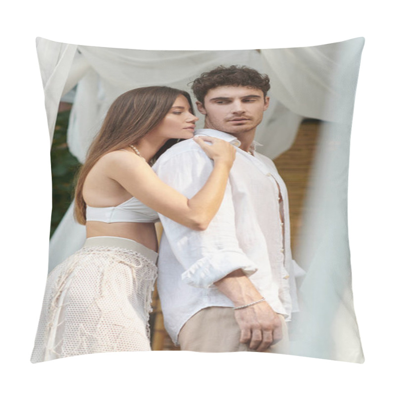 Personality  Intimate Moment, Woman Embracing Handsome Man Near White Tulle Of Private Pavilion, Summer Vacation Pillow Covers