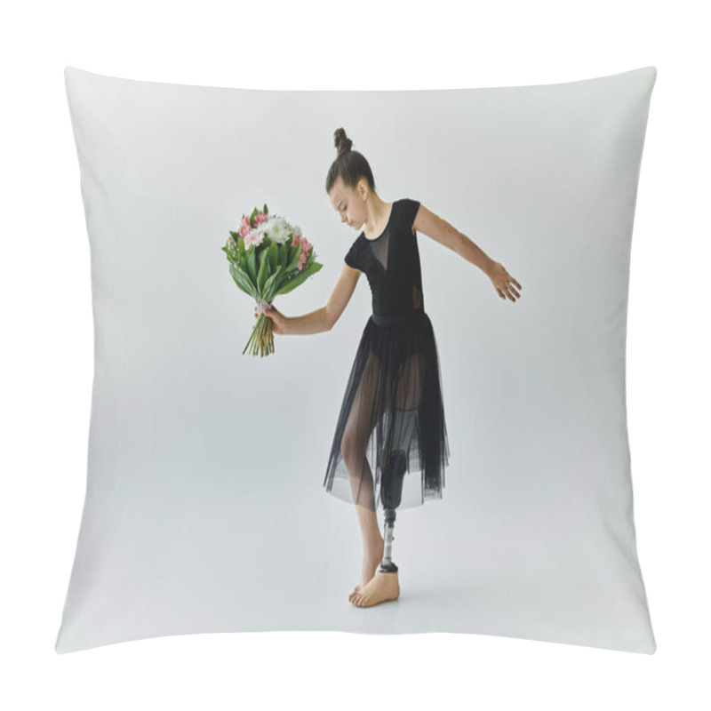 Personality  A Young Girl With A Prosthetic Leg Poses Gracefully With A Bouquet Of Flowers. Pillow Covers