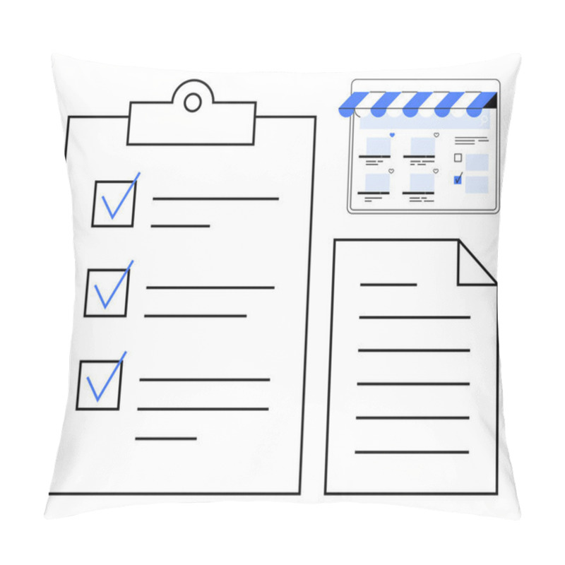 Personality  Checklist With Three Completed Items, A Plain Document With Lines, And A Digital Storefront With Blue Striped Awning. Ideal For Productivity, Task Management, E-commerce, Customer Service Pillow Covers