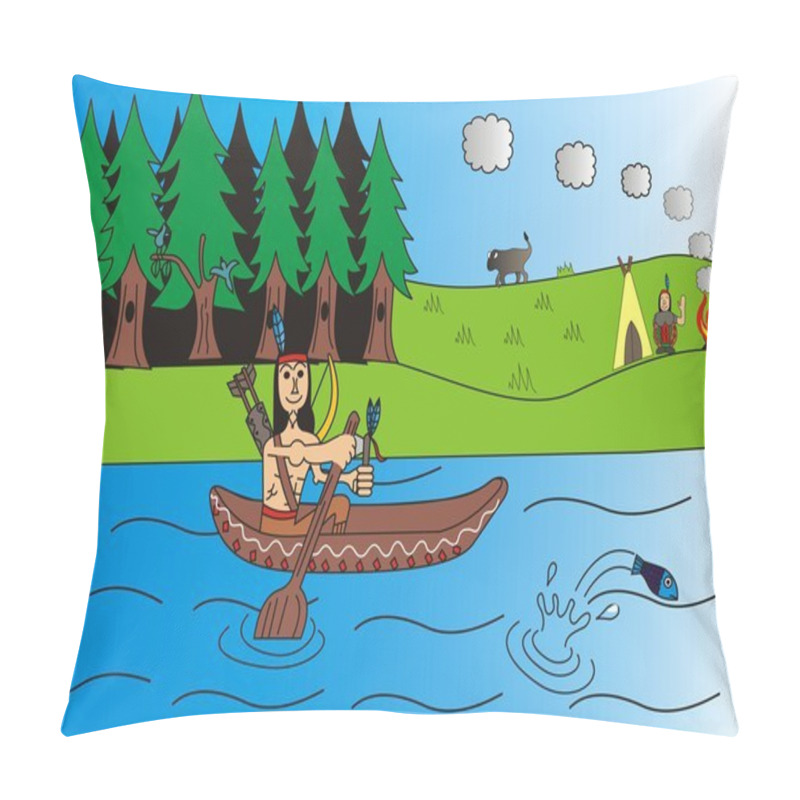 Personality  Cartoon Indian Warrior Rowing By The River Pillow Covers