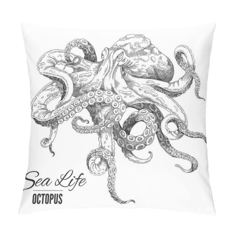 Personality  Octopus Is Hand Drawn. Vector Sketch Illustration Of Detailed Drawn Realistic Black And White Octopus Pillow Covers