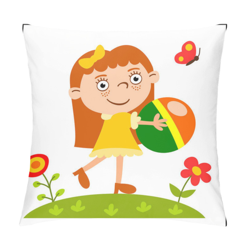 Personality  Greeting Card With Cute Funny Cartoon Character Of Girl Holding Flower On Meadow And Text Happy Birthday Pillow Covers