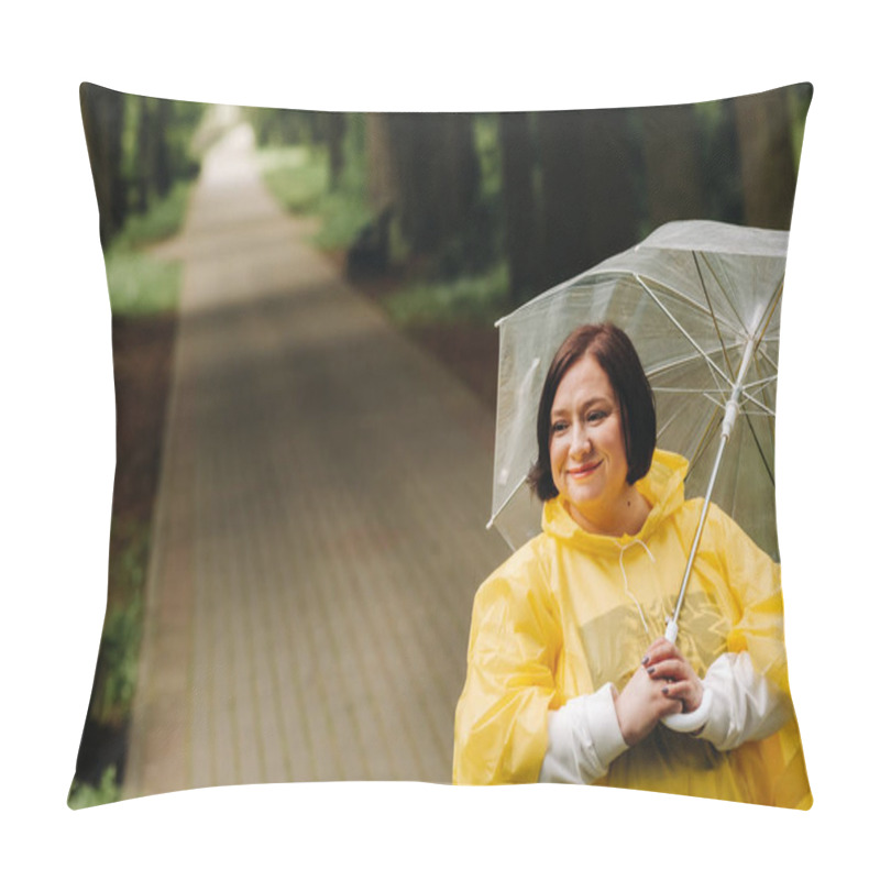 Personality  A Woman In A Yellow Raincoat And An Umbrella Walks In The Park And Garden In Summer. Pillow Covers