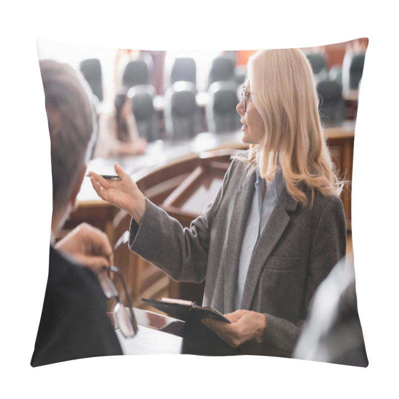 Personality  Middle Aged Attorney Pointing With Hand Near Grey-haired Judge In Courtroom Pillow Covers