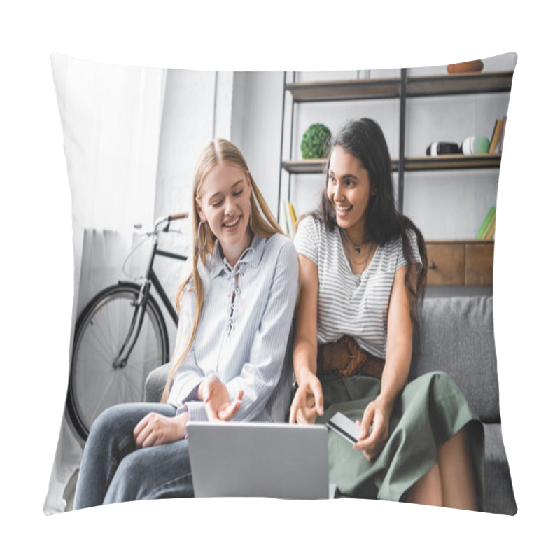 Personality  Multicultural Friends Holding Credit Card And Using Laptop In Apartment  Pillow Covers