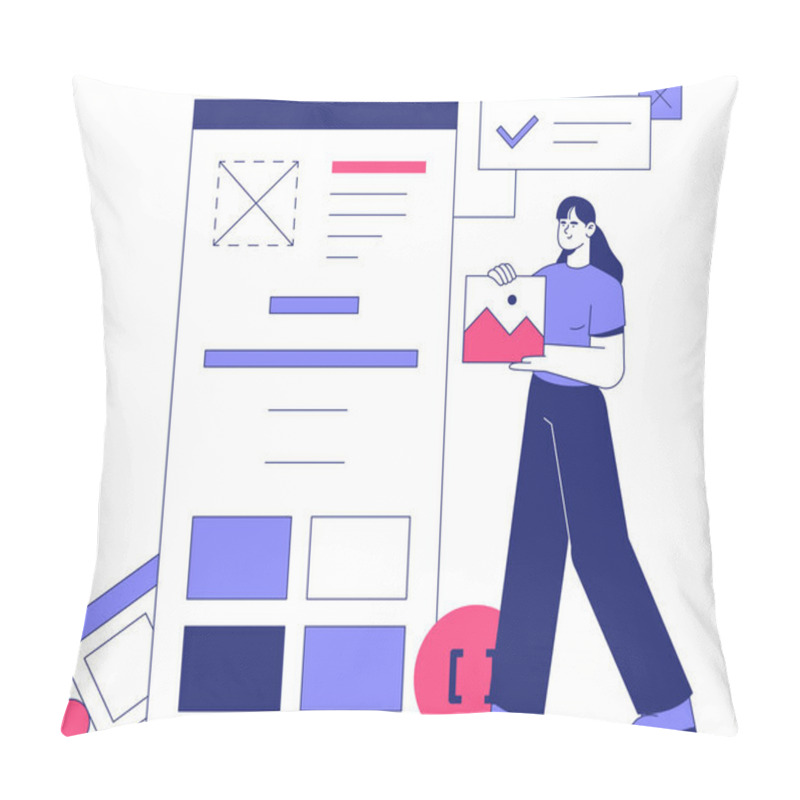 Personality  Female Designer Arranging Website Elements, Holding A Picture Frame, Showcasing Creative Workflow, Web Design, And UI Development In A Professional Setting. Pillow Covers