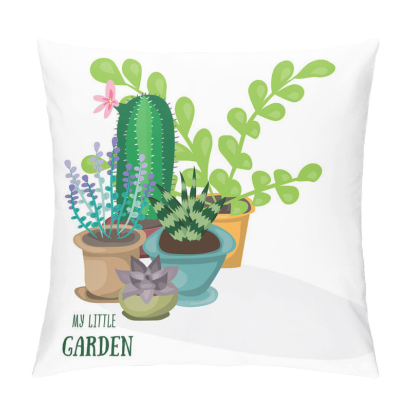 Personality  My Little Garden. Flat Vector Illustration. Succulent, Cactus, Lavender Nd Other Green Home Plants. Pillow Covers