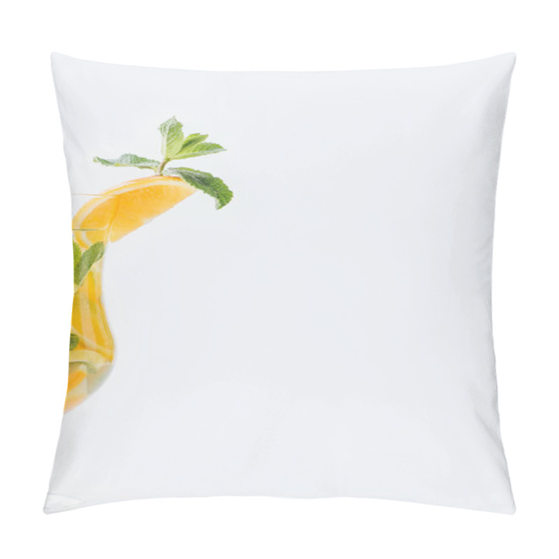 Personality  Close Up View Of Summer Fresh Cocktail With Mint And Pieces Of Citrus Fruits Isolated On White Pillow Covers