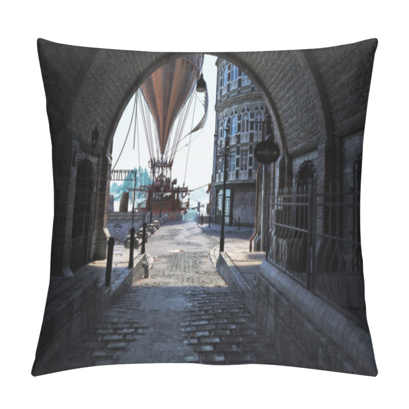 Personality  Steampunk Style City Streets With A View Through A Tunnel And A Airship Steam Powered Hot Air Balloon In The Background . 3d Rendering Pillow Covers