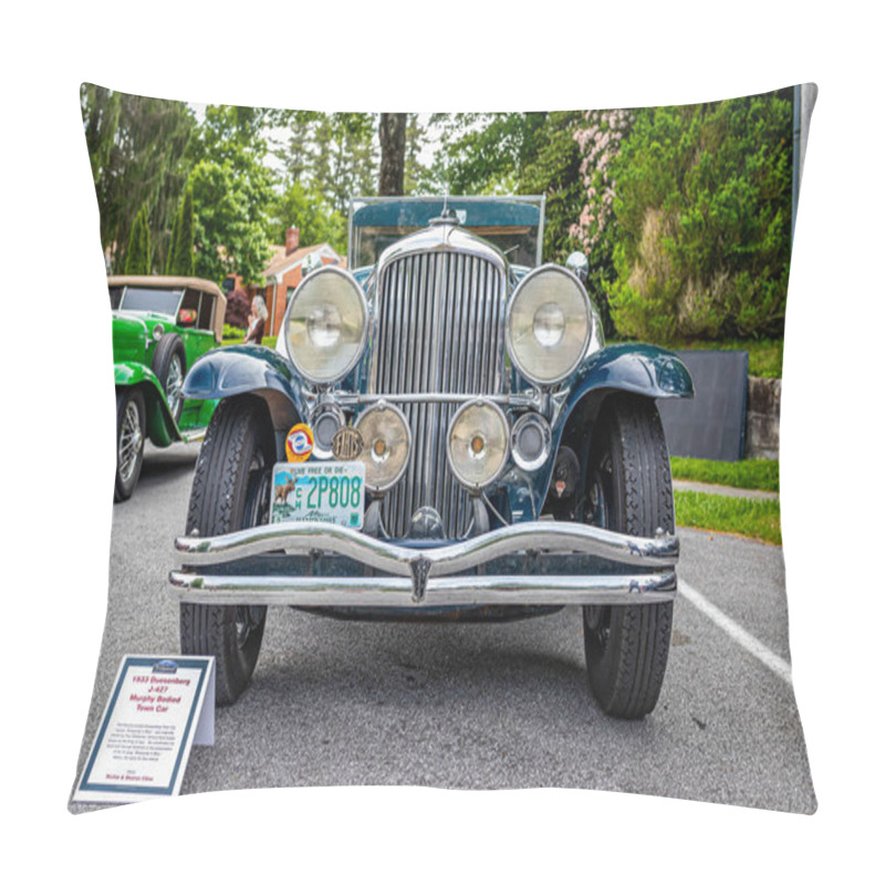 Personality  Highlands, NC - June 11, 2022: Low Perspective Front View Of A 1933 Duesenberg J-427 Murphy Bodied Town Car At A Local Car Show. Pillow Covers