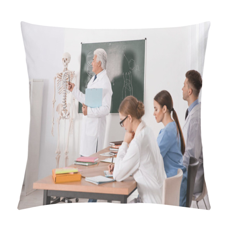 Personality  Medical Students And Professor Studying Human Skeleton Anatomy In Classroom Pillow Covers