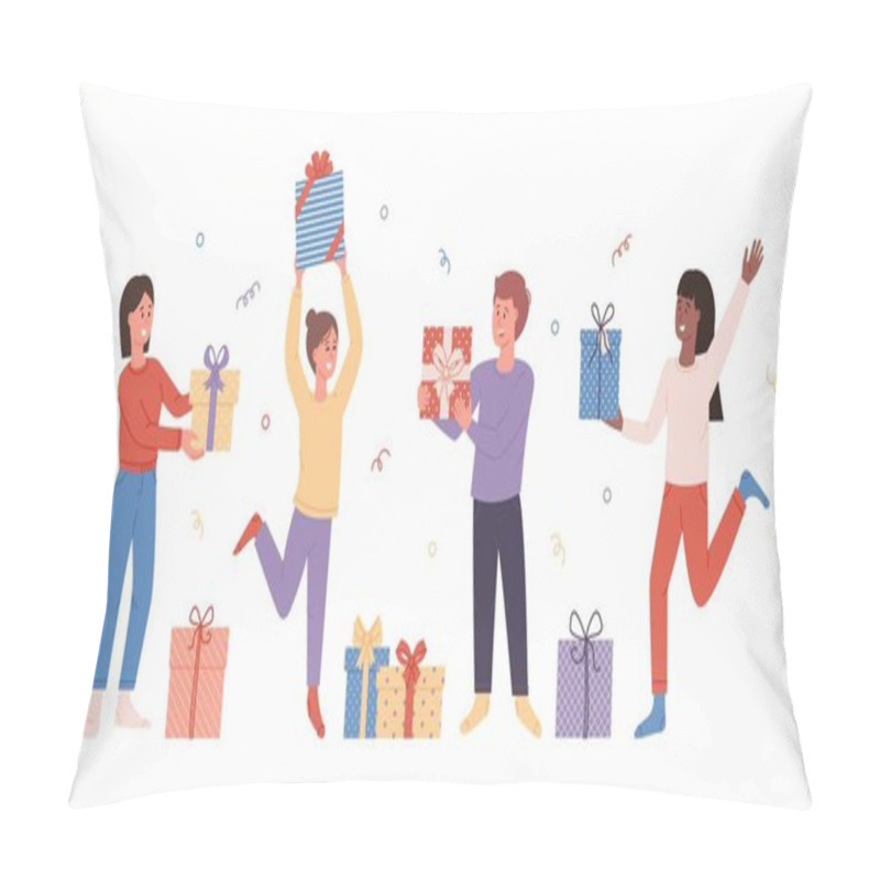 Personality  Women And Man Hold Gift Boxes Smiling Fun With Friends Isolated Pillow Covers