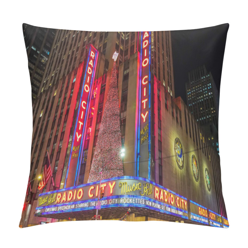 Personality  NEW YORK - NOVEMBER 19, 2022: New York City Landmark, Radio City Music Hall In Rockefeller Center Decorated With Christmas Decorations In Midtown Manhattan  Pillow Covers