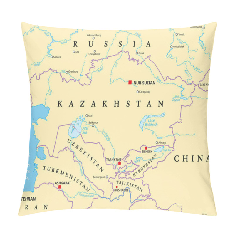 Personality  Central Asia, Political Map With Capitals. Subregion Of Asia, Consisting Of Former Soviet Republics Stretching From Caspian Sea To China And Mongolia, And From Afghanistan And Iran To South Of Russia. Pillow Covers