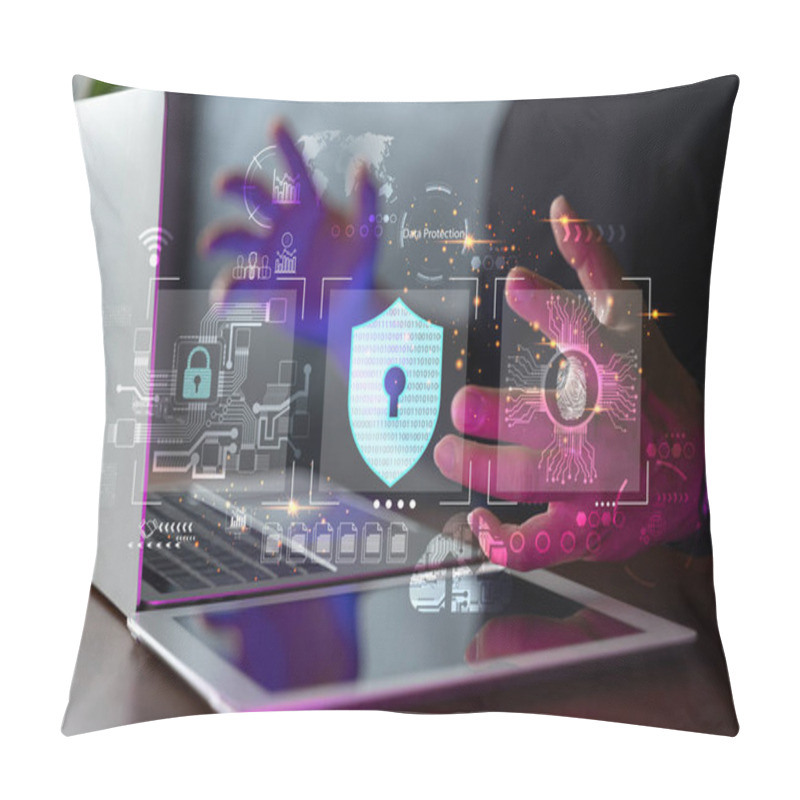 Personality  Data Protection From Hackers. Network Security System. Personal Data Information On Tablet.Information And Cyber Security Technology Services. Internet Technology, Cyber Security Digital Crime Concept Pillow Covers