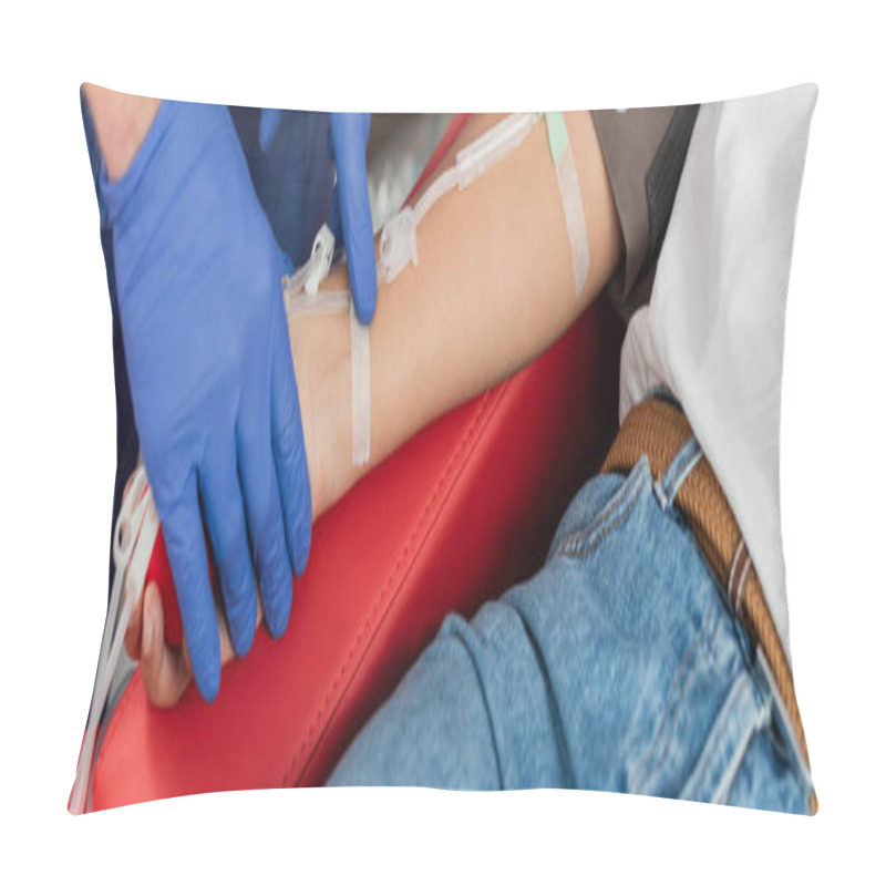 Personality  Partial View Of Healthcare Worker In Latex Gloves Sticking Band-aid On Arm Of Multiracial Woman Sitting On Medical Chair With Blood Transfusion Set, Medical Procedure, Banner Pillow Covers