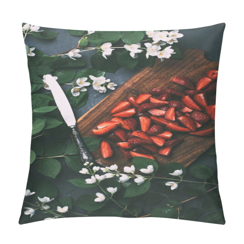 Personality  Top View Of Beautiful Jasmine Flowers, Sliced Strawberries On Wooden Cutting Board And Knife Pillow Covers