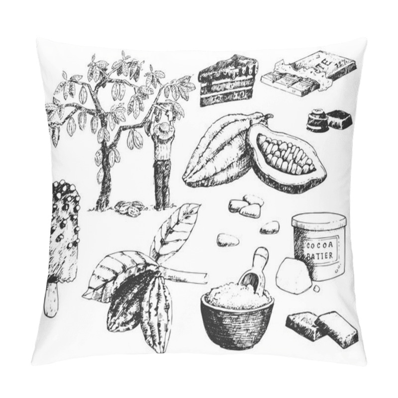 Personality  Vector Cocoa Products Hand Drawn Sketch Doodle Food Chocolate Sweet Illustration. Pillow Covers