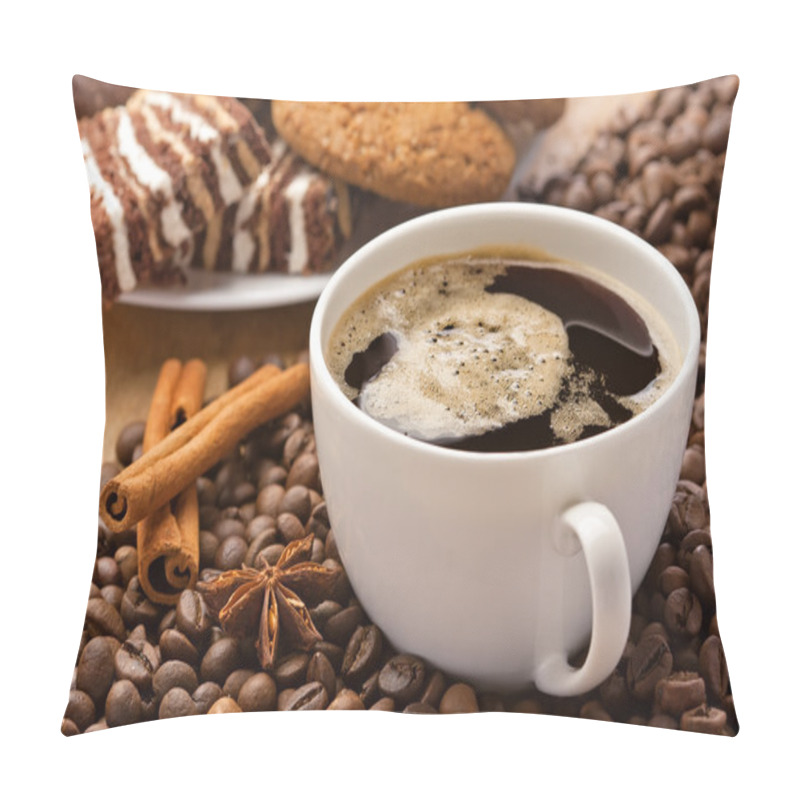 Personality  Coffee Cup, Sweets, Cinnamon, Anise On Coffee Beans Pillow Covers