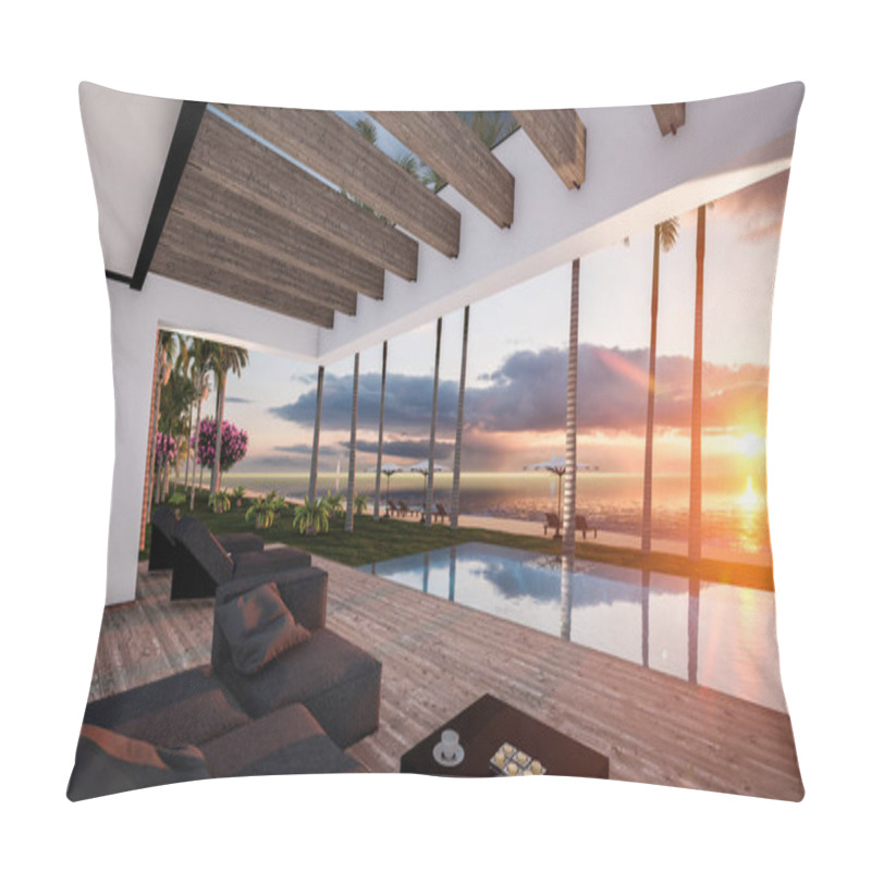 Personality  3d Rendering Of Modern Cozy House With Pool And Parking For Sale Or Rent In Luxurious Style By The Sea Or Ocean. Sunset Evening By The Azure Coast With Palm Trees And Flowers In Tropical Island Pillow Covers