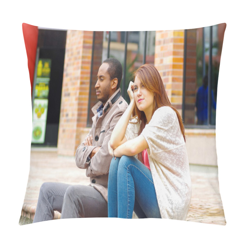 Personality  Interracial Upset Couple Sitting On Steps In Front Of Building, Simulating Argument For Camera Pillow Covers