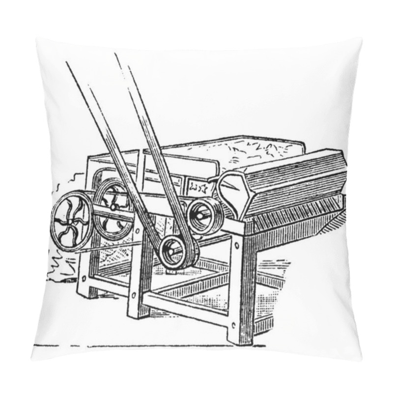 Personality  The Cotton Engine Or Cotton Gin, That Is Used To Separate The Cotton Fibers From The Seedpods, Vintage Line Drawing Or Engraving Illustration. Pillow Covers