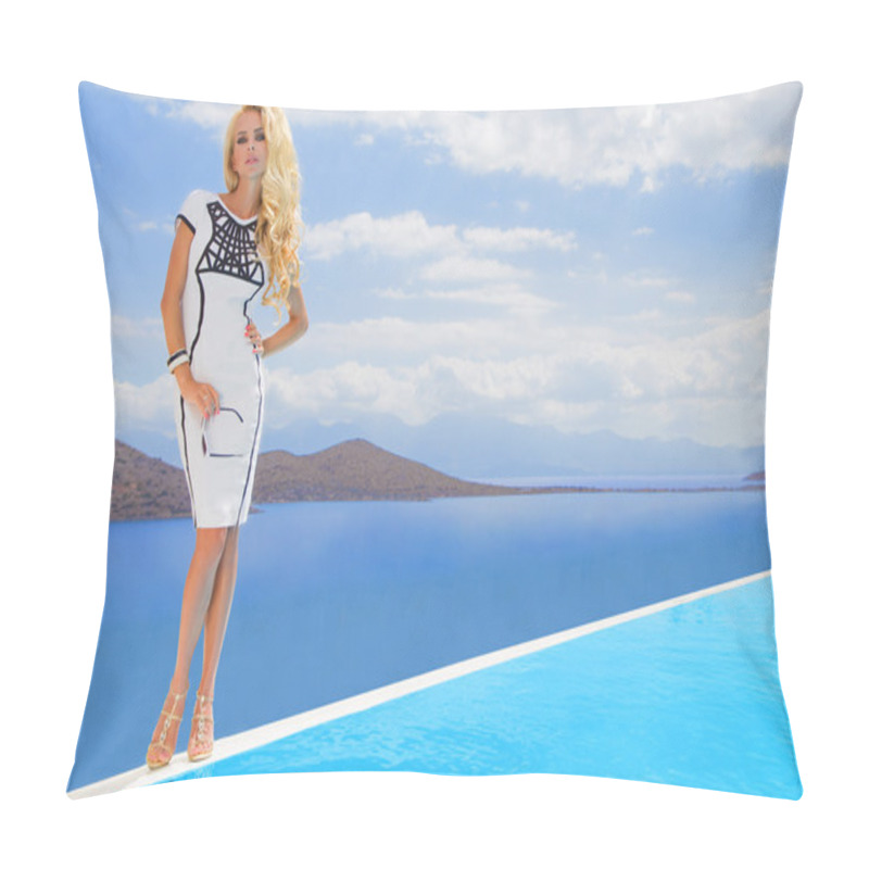 Personality  Beautiful Sexy Young Woman From Blonde Curly Long Hair Is Standing In The Short White Challenging Sexy Expensive Dress At The Salty Blue Sea With Ocean In Solar Clear Greece In Santorinii In The Distance Mountains Pillow Covers