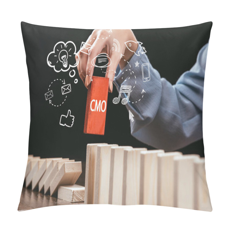 Personality  Cropped View Of Woman Picking Red Block With Word 'cmo' Out Of Wooden Bricks, Icons On Foreground Pillow Covers