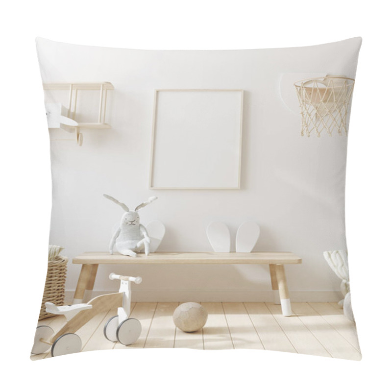 Personality  Mock Up Frame In Children Room With Natural Wooden Furniture, Scandinavian Style Interior Background, 3D Render Pillow Covers