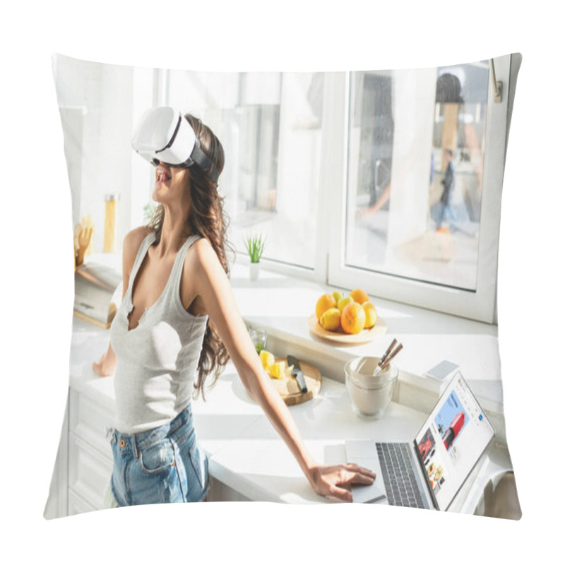 Personality  KYIV, UKRAINE - MARCH 13, 2020: Young Woman In Denim Shorts Using Vr Headset Near Laptop With Ebay Website In Kitchen  Pillow Covers