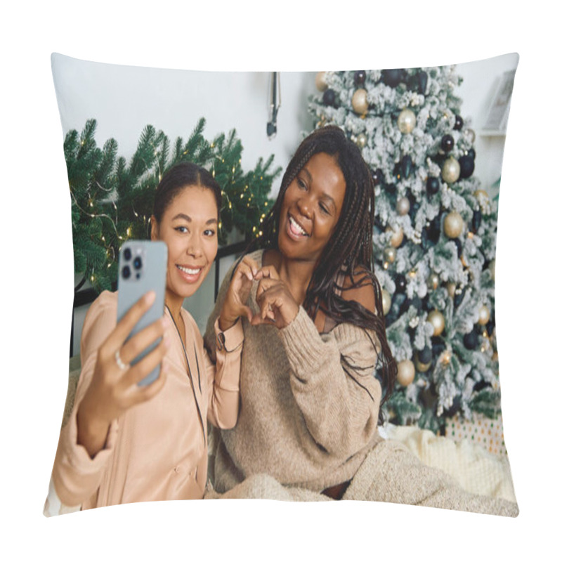 Personality  Two Women Happily Capture A Selfie Together, Surrounded By Festive Decorations And Lights. Pillow Covers