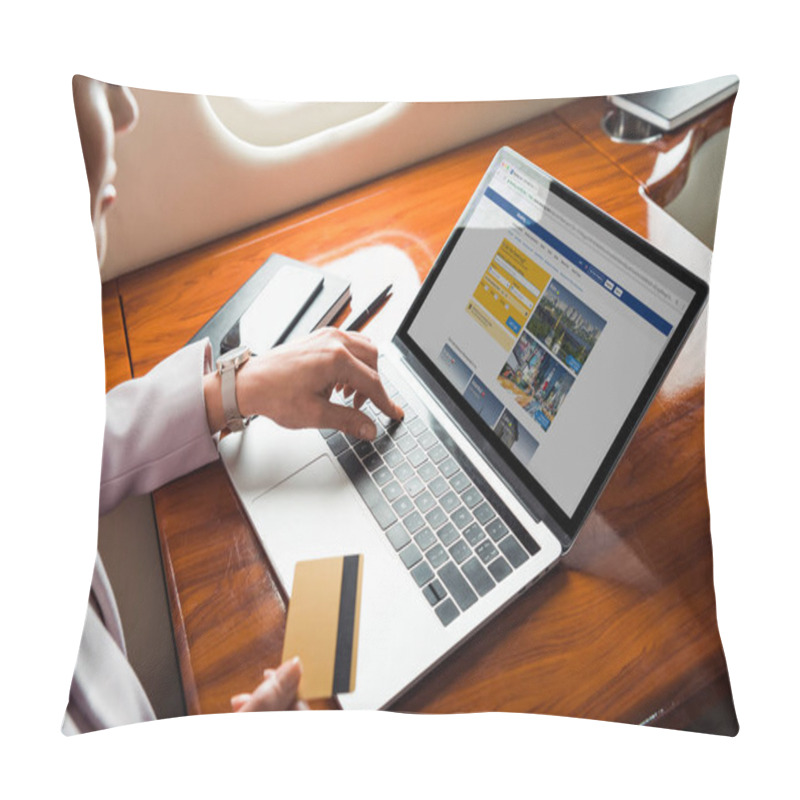 Personality  Cropped View Of Businesswoman Using Laptop With Booking Website While Shopping Online In Private Plane  Pillow Covers