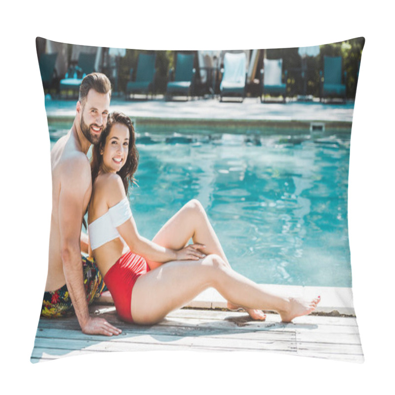 Personality  Happy Bearded Man Sitting With Attractive Woman On Wooden Decks Near Swimming Pool  Pillow Covers