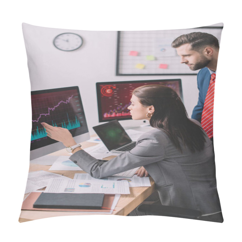 Personality  Side View Of Data Analyst Pointing With Hand At Graphs On Computer Monitor To Colleague In Office Pillow Covers