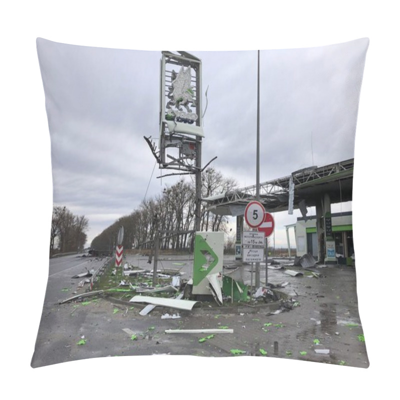 Personality  Borodyanka, Kyiv Region, Ukraine. April 08, 2022: Gas Station Destroyed By Russian Occupants In Borodynka Pillow Covers