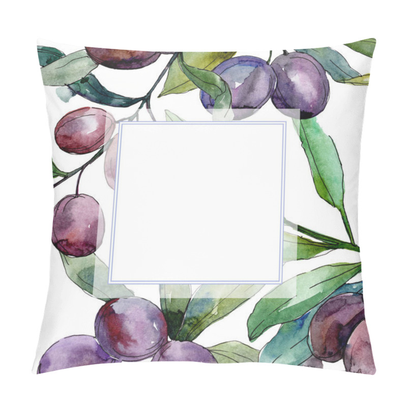 Personality  Black Olives On Branches With Green Leaves. Botanical Garden Floral Foliage. Watercolor Illustration On White Background. Square Frame. Pillow Covers