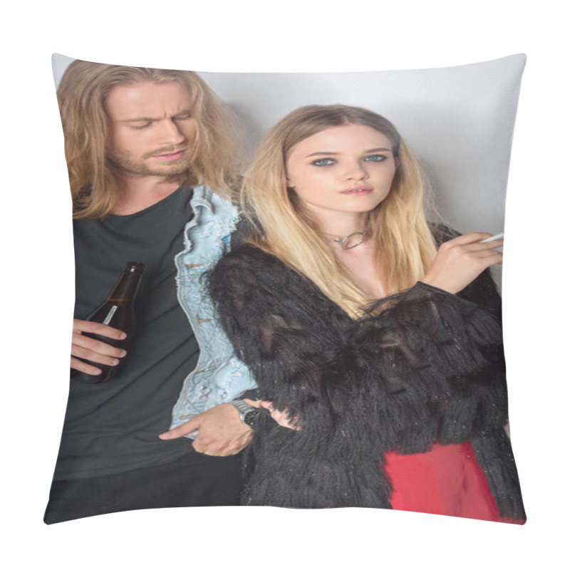 Personality  Young Stylish Addicted Couple With Beer And Cigarette On White Pillow Covers