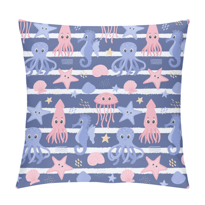 Personality  Seamless Pattern With Squid, Octopus, Seahorse And Jellyfish. Cute Ocean Characters In Underwater World. Marine Animals And Shells. Cartoon Vector Illustrations On A Dark Blue Background With Stripes Pillow Covers