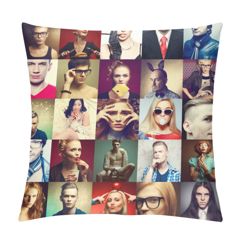 Personality  Hipster People Concept. Collage (mosaic) Of Fashionable Men, Wom Pillow Covers