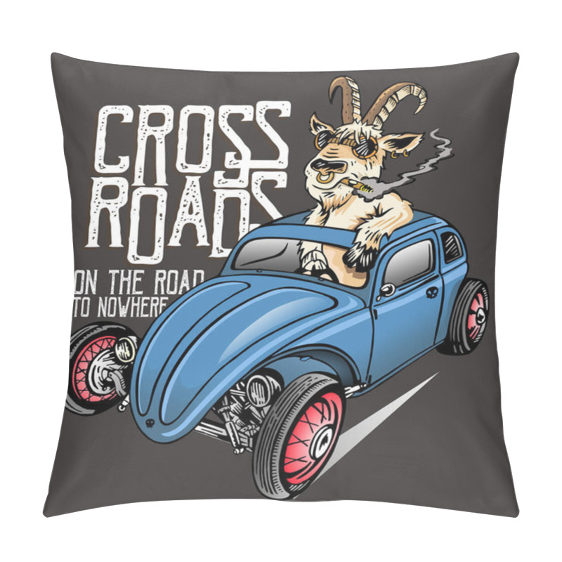 Personality  Illustration Of Old, Modified Car Driven By A Goat In Cartoon Style. Hot Rods Style Art. Design For Posters And T-shirt Prints. Pillow Covers