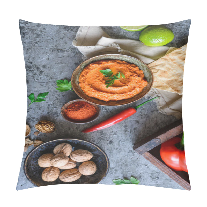 Personality  Muhammara, Healthy Walnut And Roasted Red Bell Pepper Dip Served With Flatbread In A Ceramic Bowl Pillow Covers