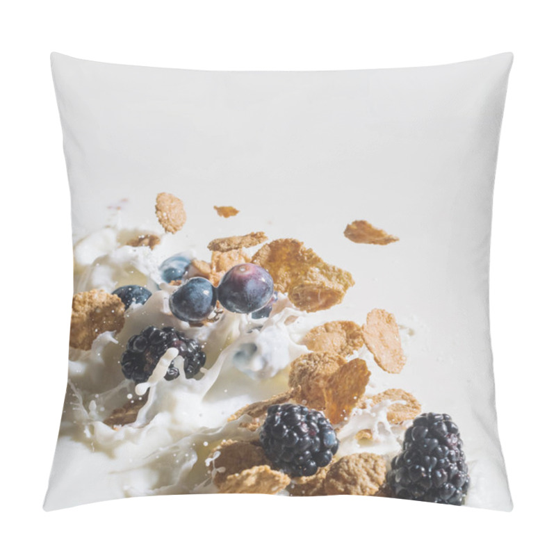 Personality  Breakfast Cereals With Berries Splashing Into Milk On White Background Pillow Covers