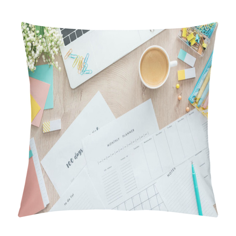 Personality  Top View Of Planners, Stationery, Cup Of Coffee And Laptop On Wooden Table Pillow Covers