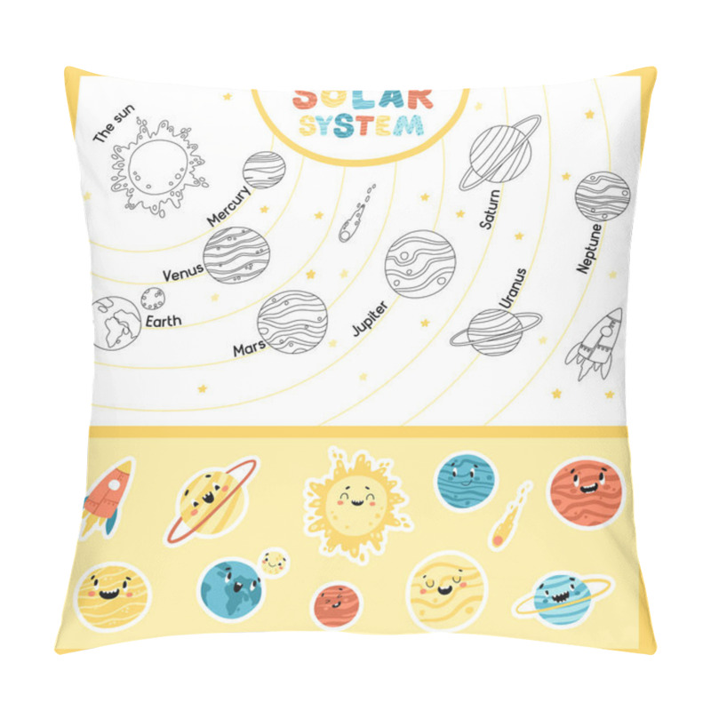 Personality  Solar System. Educational Childish Game With Stickers. The Sun And Nine Planets In Sequence. Space Childish Illustration With Funny Faces. Vector Cartoon Hand-drawn Characters. Pillow Covers