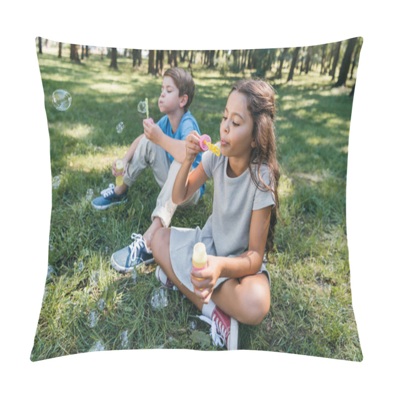 Personality  Cute Little Kids Blowing Soap Bubbles In Park Pillow Covers