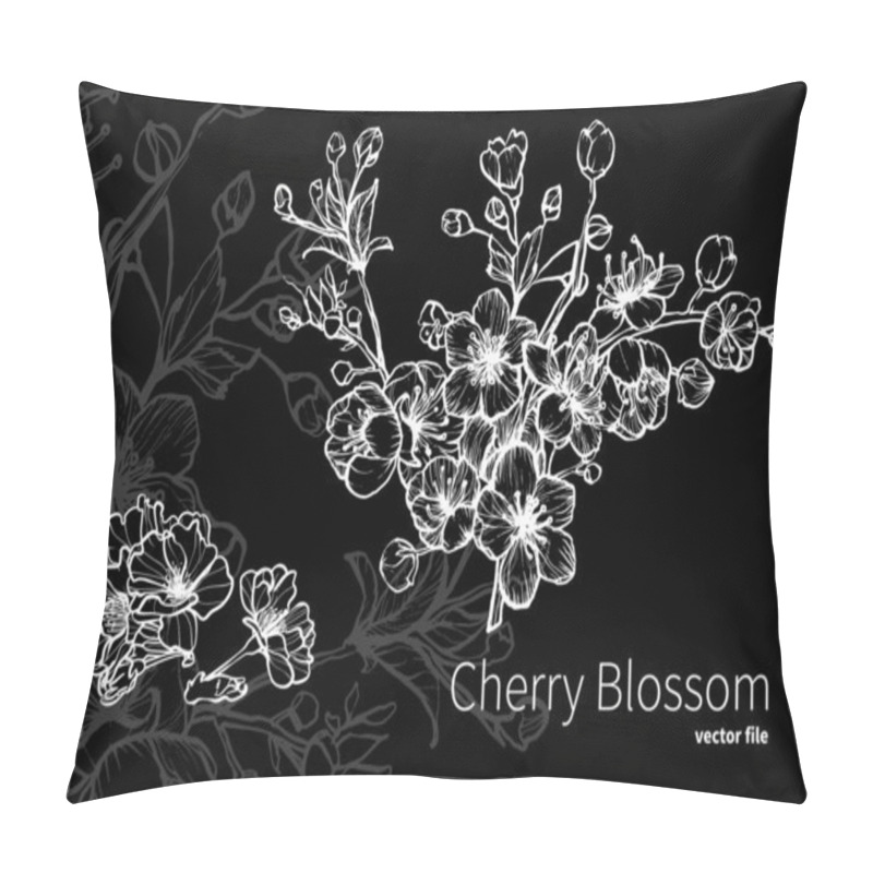 Personality  Cherry Blossom Vector Line Art For Backgrounds, Print Or Online Materials. Hand Drawn Vector Outline Of This Beautiful Flower In White On Black Background. Template For Cards, Banners Or A Beautiful Elegant Background.  Pillow Covers